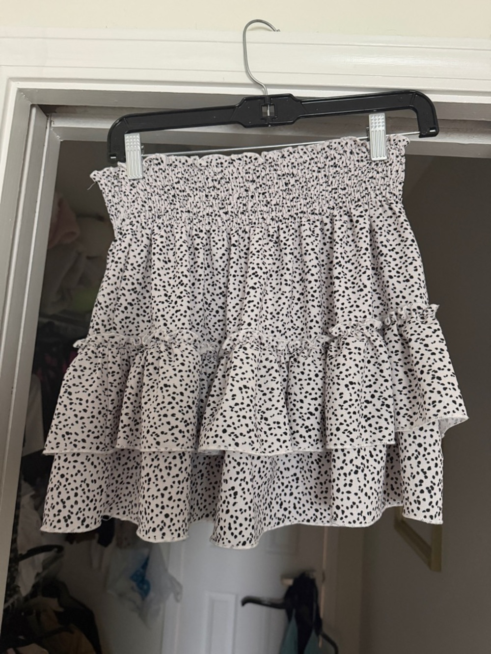 Altrd state Smocked Ruffle Mini Skirt in White with Black Spot Print